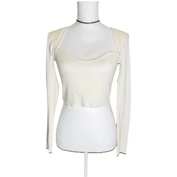 Nectar Clothing Cream Sweetheart Neckline Long Sleeve Ribbed Crop Top Size Small - Picture 1 of 6